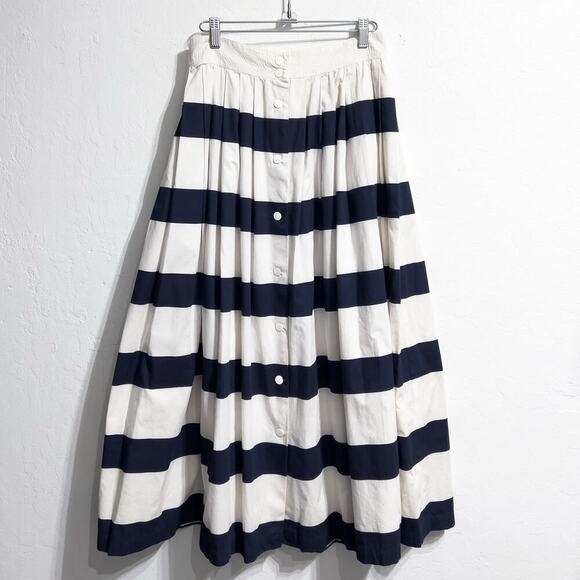Vintage Jones New York Skirt Sz 12 Stripe Retro Buttons Midi Full Navy Cream - Picture 2 of 8